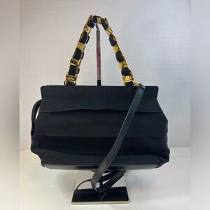 Salvatore Ferragamo Black Tiered Leather & Canvas Handbag/Crossbody